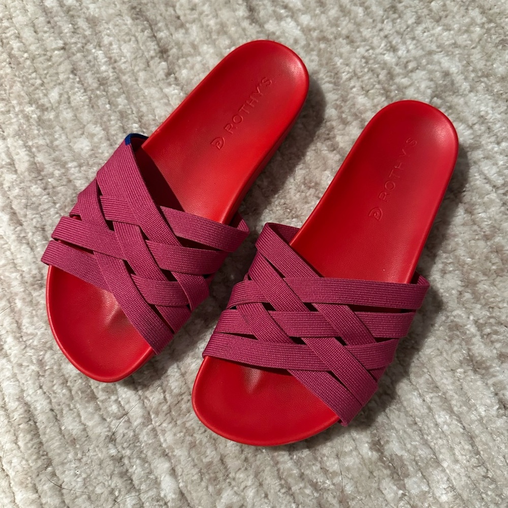 Rothy’s Red Pink Criss Cross Slide Sandals Size 6 Comfortable Summer - Picture 2 of 5